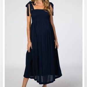 Navy Blue Smocked Tie Strap Maternity Midi Dress Large